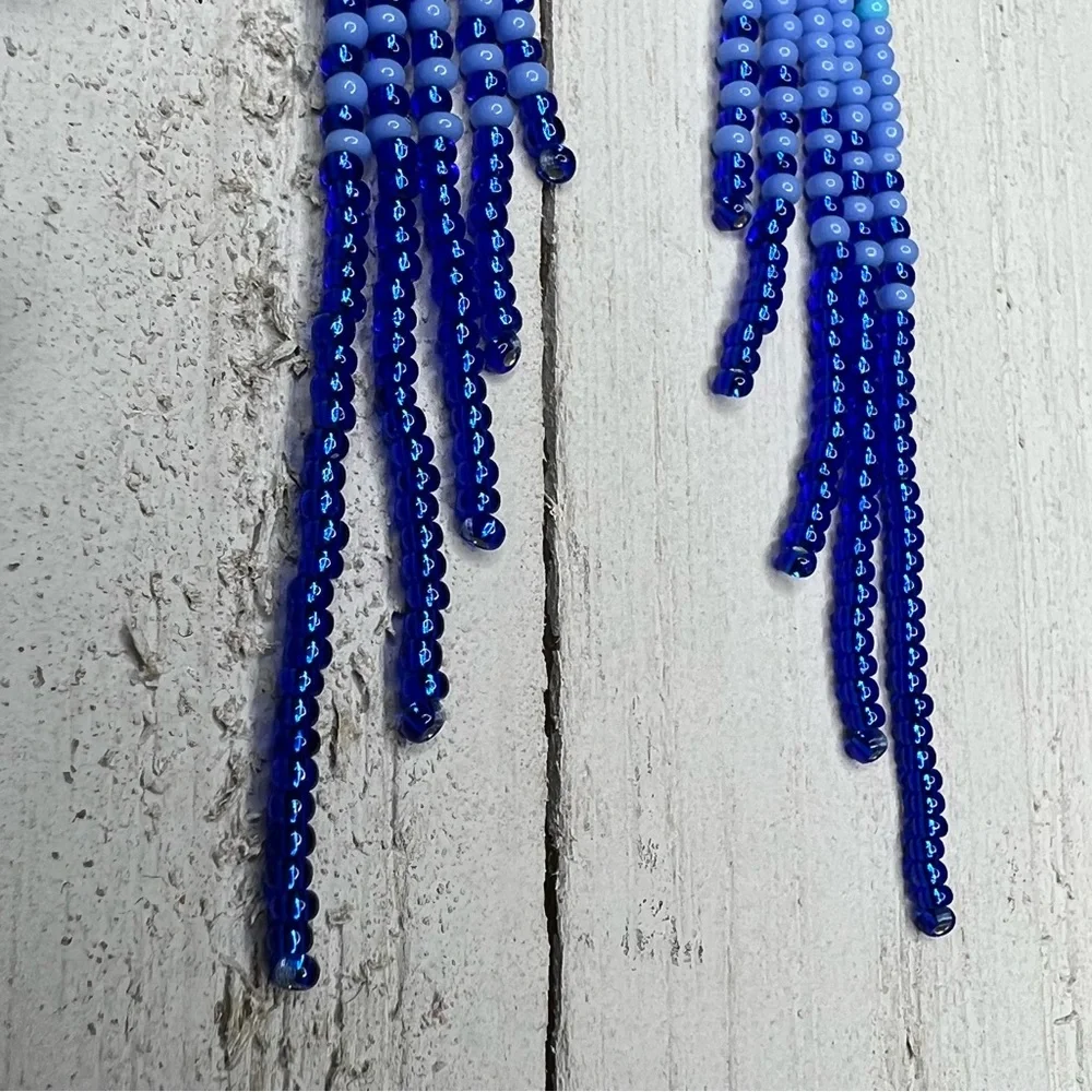 Sapphire Blue‎ Seed Beaded Earrings 3.5 inches Long Stainless Steel Ear Hook